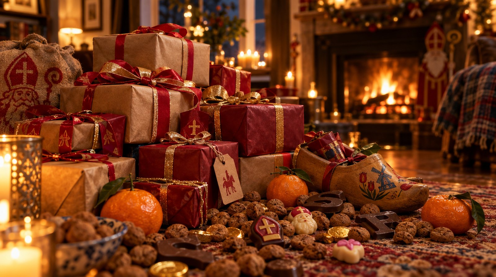 Een stapel ingepakte Sinterklaascadeaus bij kaarslicht
