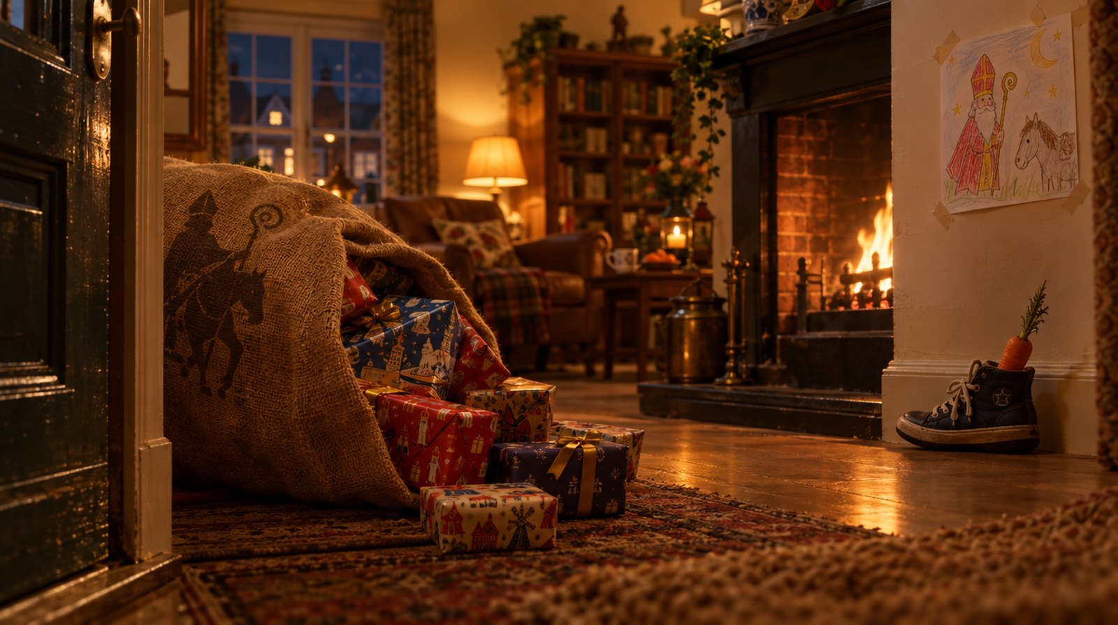 Een jutezak vol cadeaus in de huiskamer op pakjesavond