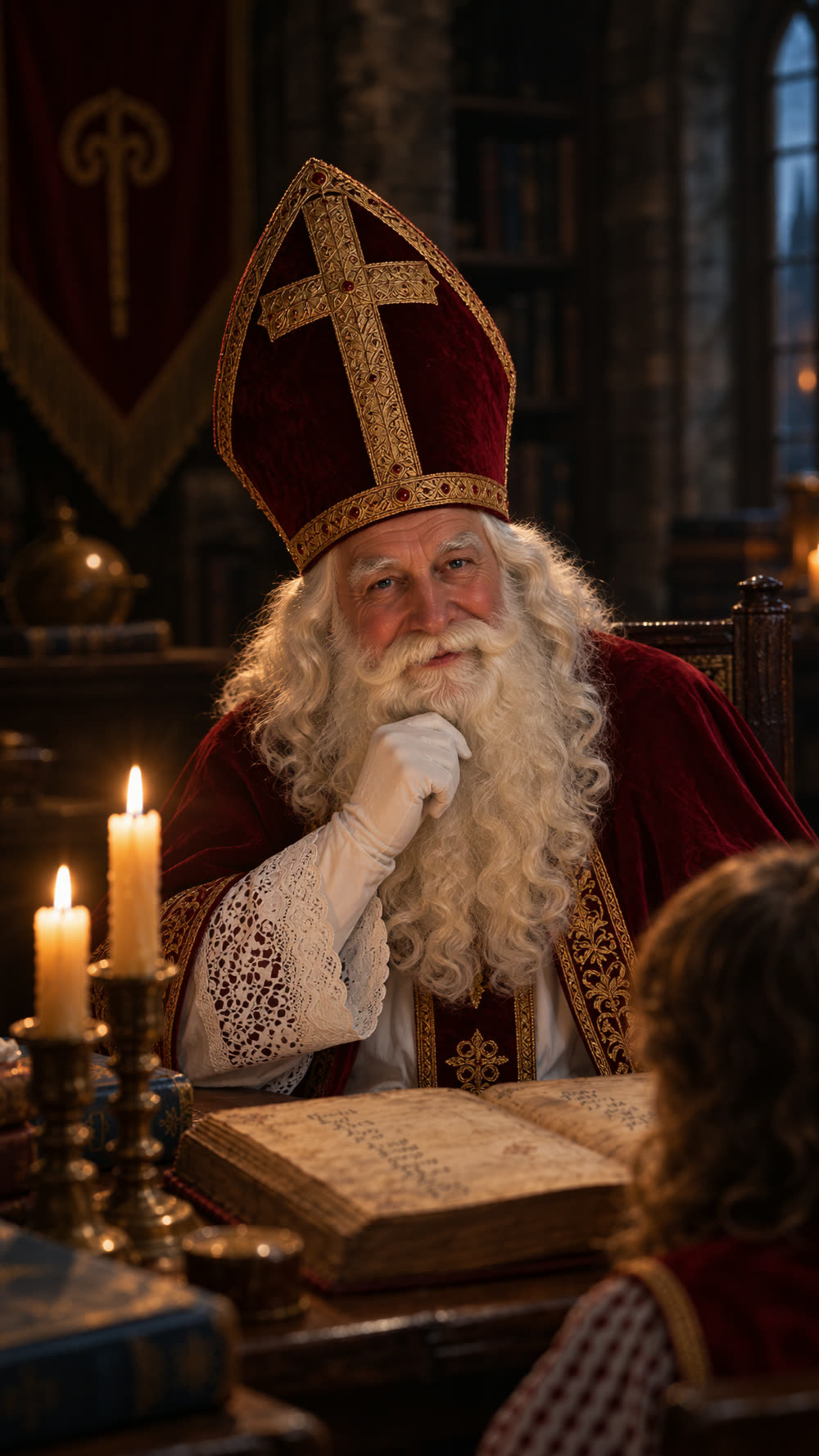 Sinterklaas kijkt vriendelijk op van het Grote Boek